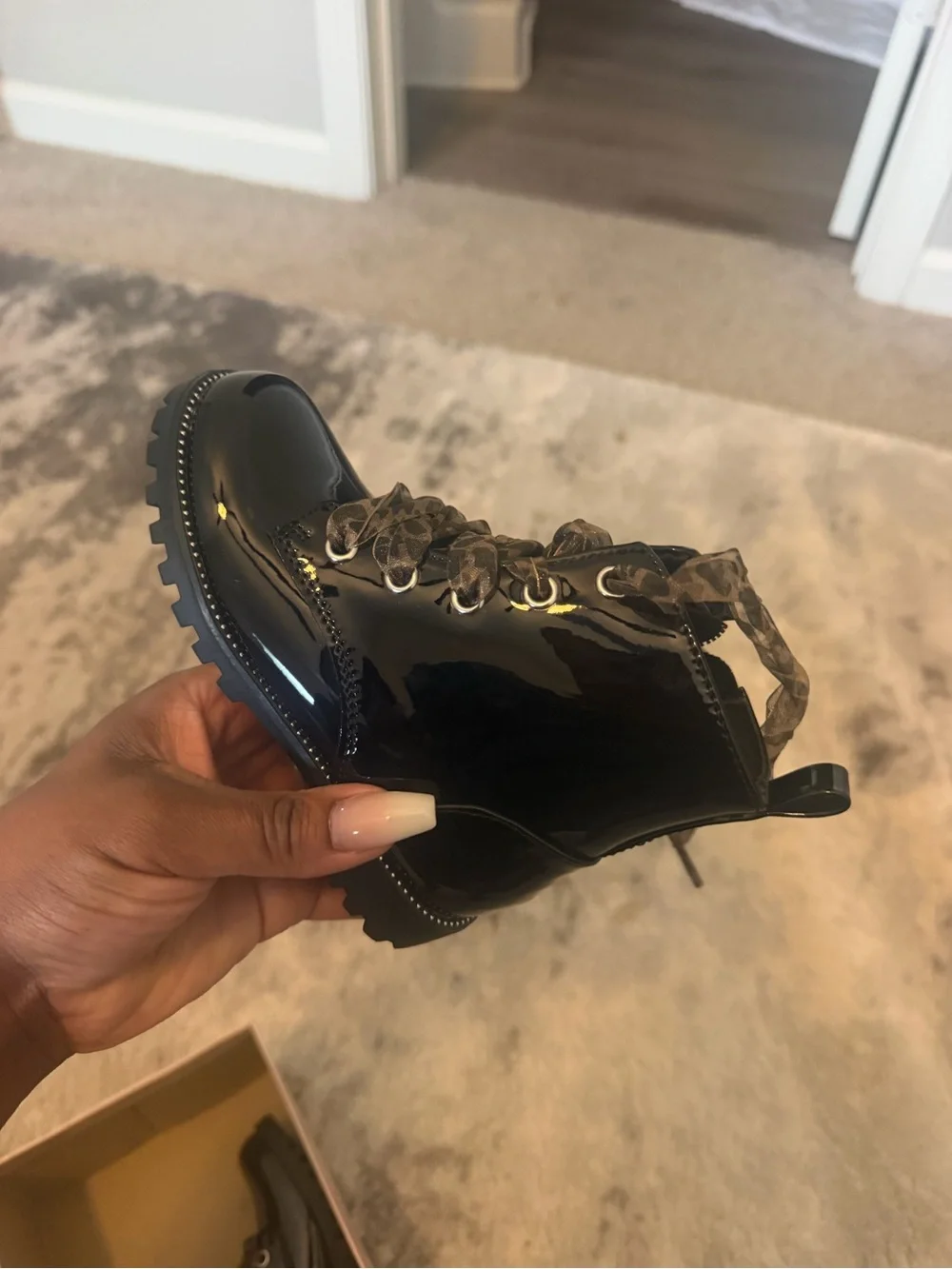 Kids Glossy Black Lace-Up Combat Boot with Patterned Laces